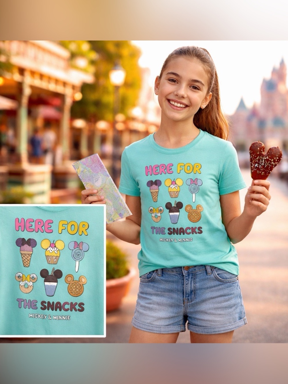 Disney Mickey Minnie Here for the Snacks Graphic Tee Girls XL 14 Aqua